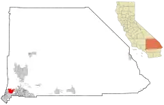 Lage von Rancho Cucamonga im San Bernardino County (links) und in Kalifornien (rechts)