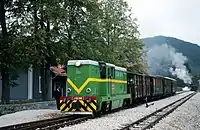 Zug mit ru­mä­ni­scher Die­sel­lok L45H in Šar­gan Vi­ta­si.