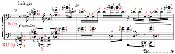 Schönberg, op. 33a, Takt 19 bis 20 mit Reihenanalyse