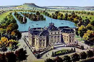 Schloss Monrepos, See mit Kapelleninsel (links) und Amorinsel, hinten: Hohenasperg, um 1900.