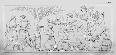 7. Buben beim Hüten von Gänsen und Geißen, tanzende und spielende Mädchen (F VII).