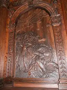 Mittelrelief der Eichentür des Dresdener Schlosskapellenportals mit der Szene von Christus und der Ehebrecherin (dat. 1556)
