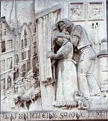 Wat bin ich eine schöne Leich! Relief an der Ecke Schneider-Wibbel-Gasse/Bolkerstraße in Düsseldorf-Altstadt, 1956