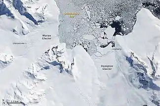 Satellitenaufnahme aus dem Jahr 2009 des nördlichen Endes der Douglas Range mit Mount Nicholas (rechts) östlich des Hampton-Gletschers