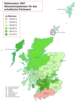Ergebnisse des Referendums nach Unitary Authorities (Frage nach Steuerkompetenzen für ein schottisches Parlament, Prozent „Ja“-Stimmen):﻿>45–50 %﻿>50–55 %﻿>55–60 %﻿>60–65 %﻿>65–70 %﻿>70–75 %