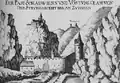 Ansicht der oberen Sperrmauer mit den Burgen Klamm und Wartenstein, vor der Mauer (links) stand das Bürgerspital, Kupferstich, Georg Matthäus Vischer, um 1672