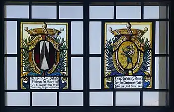 Wappen des Venners Albrecht von Erlach, 1679 bis 1685 Landvogt zu Frienisberg und das Wappen von Niklaus Tscharner, derzeitiger Venner