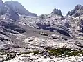 Blick in den Zungenbereich des Hochstandes von 1850 am Gr. Gosaugletscher, darüber und rechts oben Ablagerungen der früheren Torstein-Vergletscherung