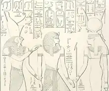 Sethos I. als Gerechtfertigter vor Isis (Darstellung im Eingangsbereich).