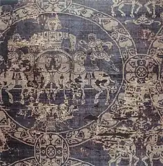 Quadrigastoff (Byzanz, zwischen 6. und Ende 8. Jahrhundert), hier identisches, 1850 in Aachen abgetrenntes Stück aus dem Musée national du Moyen Âge, Paris