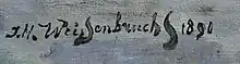 In schwarzer Farbe mit Pinsel gemalte Signatur "J.H. Weissenbruch" und die Jahreszahl 1890 auf weiß-blau-grauem Grund