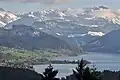 Ansicht vom Etzel (Berg) auf Willerzell und den Sihlsee