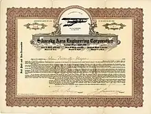 Aktie der Sikorsky Aero Engineering Corporation, ausgegeben am 1. März 1925, im Original unterschrieben von Igor Sikorsky als Präsident