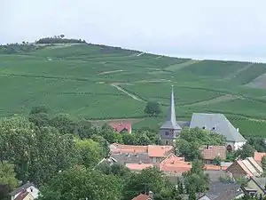 Simultankirche St. Maria und St. Christophorus mit dem Petersberg im Hintergrund