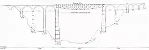 Eine Brücke mit stählernem Halbparabelträger von 120 Metern Spannweite und anschliessenden Gewölben von 25 und 12 Metern Spannweite.