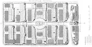Lageplan, 1869.→ Lageplan um 90 Grad gedreht.