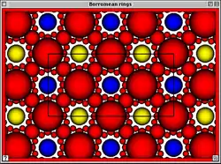 Cusp der hyperbolischen Struktur auf dem Komplement der Borromäischen Ringe mit eingezeichnetem Fundamentalbereich.