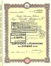 Aktienzertifikat der S.A. Italiana Ing. Nicola Romeo & C. über 5 Aktien à 100 Lire, ausgegeben in Mailand am 7. Februar 1929. Das 1911 von Nicola Romeo errichtetes Unternehmen wurde nach Übernahme des Automobilherstellers A.L.F.A. 1918 in eine Aktiengesellschaft umgewandelt.