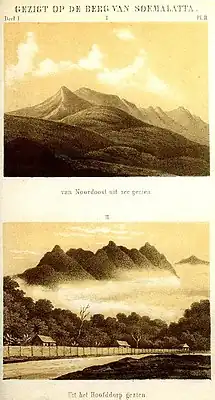 Zwei Ansichten des Berges Soemalatta (Celebes).