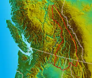 Umriss der Columbia Mountains in Kanada und den USA