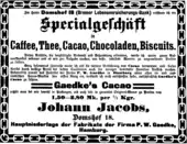 Johann Jacobs gibt die Eröffnung seines Geschäfts Domshof 18 bekannt (Bremer Nachrichten, 15. Januar 1895)