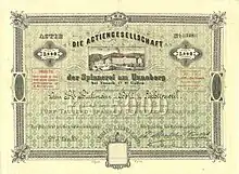 Gründeraktie der Actiengesellschaft der Spinnerei am Uznaberg über 5.000 Franken, ausgestellt am 1. Januar 1877 in Uznach, mit Unterschrift des Seidenkaufmanns Heinrich Landis als Präsident der Generalversammlung. Die einzig bekannte Aktie, die auf Stoff/Leinen gedruckt worden ist.