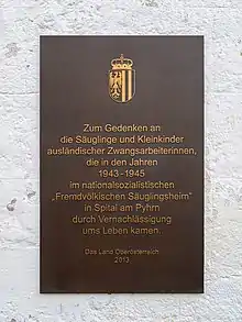 Gedenktafel auf dem Friedhof von Spital am Pyhrn erinnert an das „Fremdvölkische Säuglingsheim“ in Spital am Pyhrn in Österreich