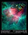 Die Infrarotaufnahme des Spitzerteleskops: grün die bekannten Nebelstrukturen; rot die heißen Staubwolken der Supernova. In der Box ist die Aufnahme des Hubble-Teleskops eingefügt.