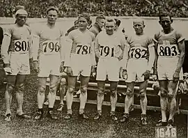 Das finnische Team (v. l. n. r.): Eino Rastas (14.), Martti Marttelin (3.) Ilmari Kuokka (24.), Verner Laaksonen (12.), Yrjö Korholin-Koski (7.) Väinö Sipilä (15.)