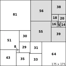 24 Quadrate, alle unterschiedlicher Größe, fügen sich lückenlos zu einem großen Quadrat zusammen; einige Quadrate bilden innerhalb des großen ein kleineres Quadrat.