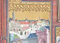 Der Rothenburger Marktplatz von 1466 als Bildhintergrund auf dem Flügel des Hochaltars von St.Jakob in Rothenburg ob der Tauber