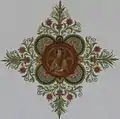 St. Venantius (Wertheim), Deckengemälde, Inschrift: Melchisedech, Rex Sal., Proferens panem et vinum, Gen, 14, 18 (dt. Übersetzung: Melchisedek, König Salomon, Er brachte Brot und Wein heraus, Genesis 14, 18)