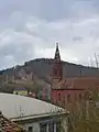 Kirche vom Tauberhofgarten aus mit Blick zur Stiftskirche und zur Burg