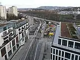 Tunnelrampe zur Stadtbahnhaltestelle Budapester Platz, rechts Europe-Plaza, links Milaneo