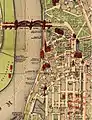 Darstellung der Umgestaltung nach dem Bau der Oberkasseler Brücke und deren Brückenrampe im Stadtplan Düsseldorf-Altstadt und Karlstadt, 1909 (Ausschnitt)