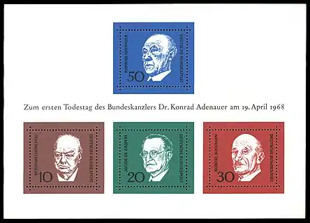 Block 4, Ausgabe 1968 der Deutschen Bundespost, (1. Todestag von Konrad Adenauer)