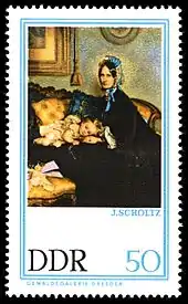 Großmutter und Enkelin(Gemälde von Julius Scholtz 1863;als 50 Pf-Sondermarke der DDR-Post 1967)
