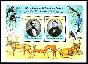 Briefmarkenblock der DDR (1989) zum Gedenken an Alfred Brehm und seinen Vater Christian Ludwig Brehm
