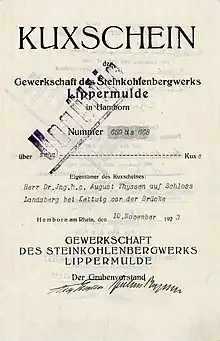 Kuxschein über 10 Kuxe der Gewerkschaft des Steinkohlenbergwerks Lippermulde, ausgestellt am 10. November 1923 in Hamborn am Rhein auf Dr. ing. h.c. August Thyssen
