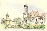 Stepperg, Schloss und Kirche. Aquarell von Siegfried Schieweck-Mauk, Eichstätt