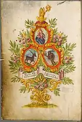 Das Stifterwappen der Benediktinerabtei Plankstetten in der Oberpfalz / Blatt aus einer Handschrift der Bayerischen Staatsbibliothek