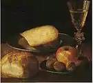 Sebastian StoskopffStillleben mit Käse, Brötchen und Wein, 1. Hälfte 17. Jahrhundert, Öl auf Leinwand, 28,5 × 31,5 cm, Musée des beaux-arts André Malraux, Le Havre