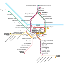 Netzplan der Heidelberger Straßenbahnen mit Neckar als referenz
