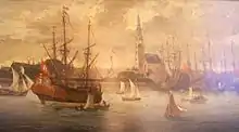 Die Leopoldus Primus auf einem Detailausschnitt aus dem Gemälde Ansicht Hamburgs von Südwesten von Johann Georg Stuhr von 1688.