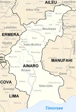Der damalige Distrikt Ainaro vor der Gebietsreform 2003 und der Gebietsreform 2015