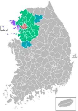 Lage von Sudogwon in Südkorea(rot: Seoul, violett: Incheon, grün: Gyeonggi-do, blau: andere Gebiete)