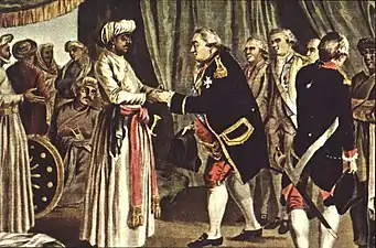 Suffren bei einem Treffen mit Haidar Ali, 1782. Stich von J.B. Morret, 1789.