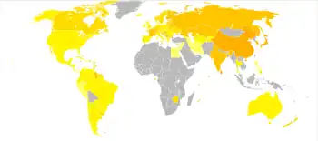 Suizide pro 100.000 Männer (links) bzw. Frauen (rechts) pro Jahr (Datengrundlage 1978–2008).
< 1
1–5
5–5,8
5,8–8,5
8,5–12
12–19
19–22,5
22,5–26
26–29,5
29,5–33
33–36,5
>36,5