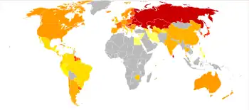 Suizide pro 100.000 Männer (links) bzw. Frauen (rechts) pro Jahr (Datengrundlage 1978–2008).
< 1
1–5
5–5,8
5,8–8,5
8,5–12
12–19
19–22,5
22,5–26
26–29,5
29,5–33
33–36,5
>36,5
