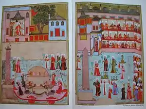 Linke beiden Bilder: Parade der GlasbläserRechte beiden Bilder: Parade der Architekten aus dem Surname-i Hümayun, um 1582–1588